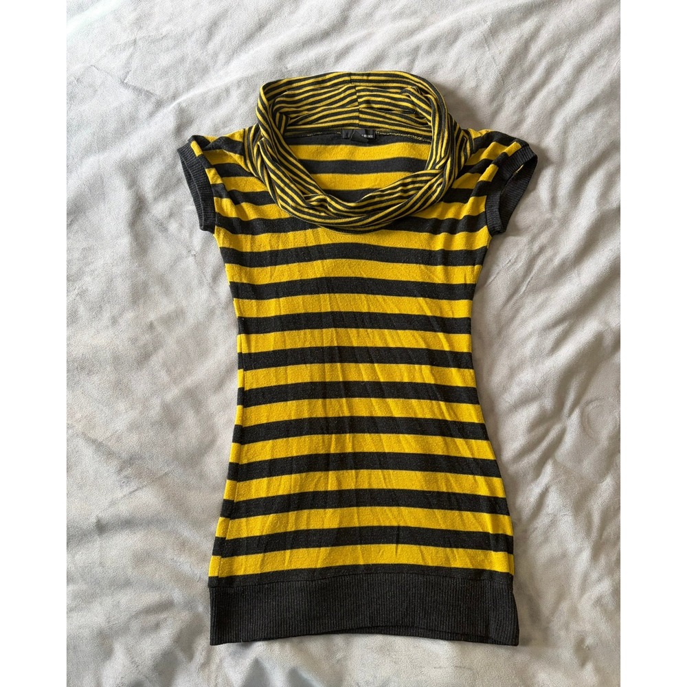 Pure Rebel Yellow Black Striped Cowl Neck Knit Top Small Cap Sleeve Indie Grunge